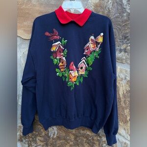 Vintage Hanes Champknit Oversized Christmas Birds Print Collared Sweatshirt XL